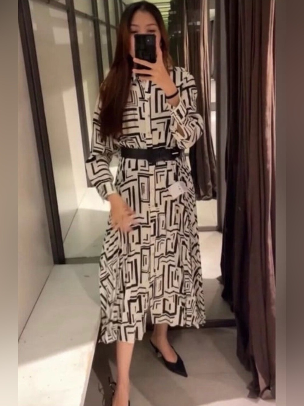 Zara Print Pleat Belted Dress